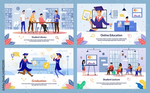 Modern College, University Students Activities and Routine Trendy Flat Vector Banners, Posters Set. Students Learning in Library, Studying Online, Visiting Lecture, Happy with Graduation Illustration