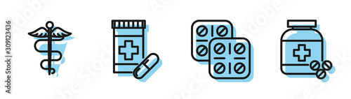 Set line Pills in blister pack, Caduceus snake medical symbol, Medicine bottle and pills and Medicine bottle and pills icon. Vector