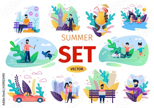 People Summer Time Activities Trendy Flat Isolated Concepts Set. Parents and Kids Playing with Dog, Swimming in Pool, Couple Traveling in Car, Walking Together, Freelancer Using Laptop Illustration