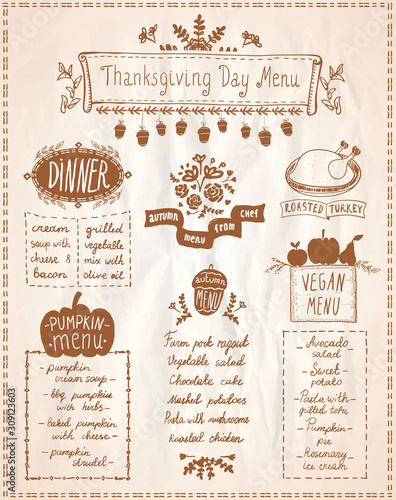 Happy Thanksgiving day holiday menu board, autumn seasonal dishes