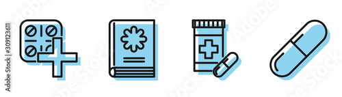 Set line Medicine bottle and pills, Pills in blister pack, Medical book and Medicine pill or tablet icon. Vector