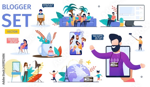 Female and Male Video Bloggers Trendy Flat Vector Characters Set. Young Men, Women and Children Making Mobile Video, Filming Beauty Vlog, Working on Laptop, Streaming Video Content Online Illustration