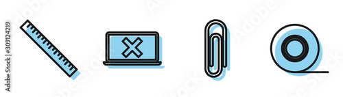 Set line Paper clip, Ruler, Laptop and cross mark on screen and Scotch icon. Vector