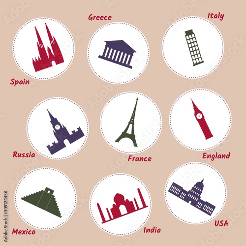 Tourist attraction landmark. World attractions icon set.
