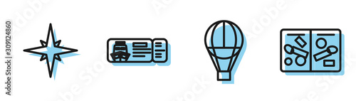 Set line Hot air balloon, Wind rose, Cruise ticket for traveling by ship and Passport pages with visa stamps icon. Vector