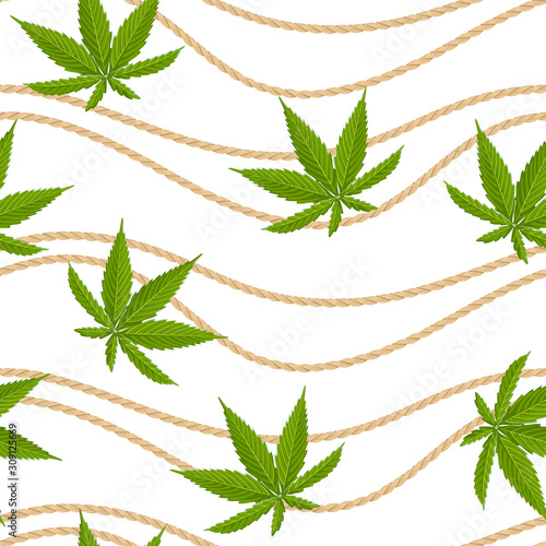 Hemp Cord seamless pattern. Twisted jute rope and green cannabis leaves isolated on white background. Vector illustration of craft string and hemp plant in cartoon simple flat style.
