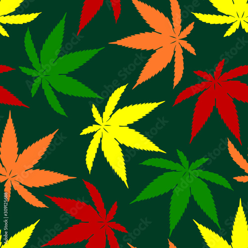 Colorful hemp leaves on dark background. Seamless bright pattern with cannabis leaf. Vector illustration in flat simple style.