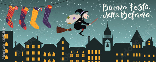 Hand drawn vector illustration with witch Befana flying on broomstick over city, stockings, Italian text Buona Festa della Befana, Happy Epiphany. Flat style design. Concept for holiday card, banner. photo