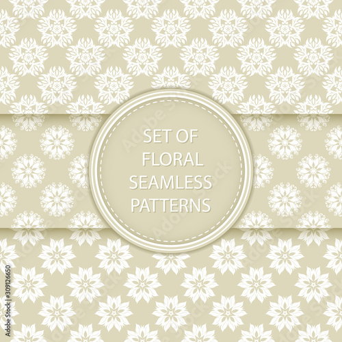 Olive green and white floral seamless backgrounds. Compilation of patterns