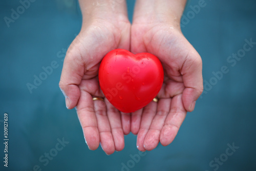 Hands holding a red heart on the water background.