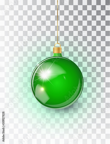 Green Christmas tree toy isolated on a transparent background. Stocking Christmas decorations. Vector object for christmas design, mockup. Vector realistic object 10 EPS