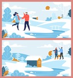 Happy Family Couple and Winter Suburb Rest Set