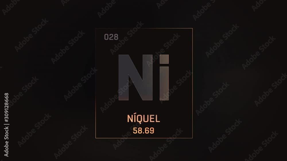 Nickel as Element 28 of the Periodic Table. Seamlessly looping 3D animation on grey illuminated atom design background with orbiting electrons. Name, atomic weight, element number in Spanish language Nickel as Element 28 of the Periodic Table. Seamlessly looping 3D animation on grey illuminated atom design background with orbiting electrons. Name, atomic weight, element number in Spanish language