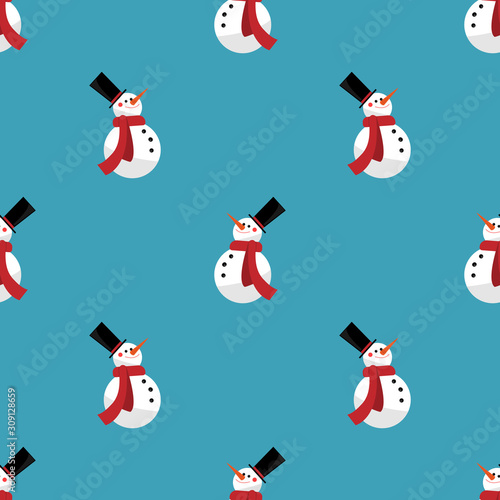 Christmas holidays cartoon seamless pattern of cute snowman on blue background. Vector illustration.