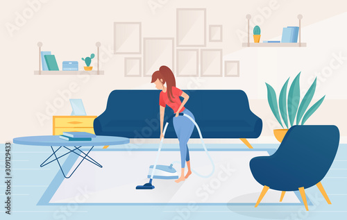 Beautiful woman vacuuming a carpet in the room. Housewife is cleaning the house. Vector illustration in modern flat style.