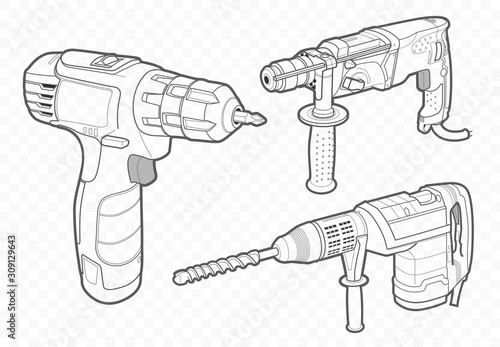 Vector drill, jackhammer and screwdriver. Outline contour sketches. Hand drawn illustrations set. Building and repair.