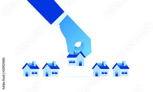 Blue Hand picks tiny house. Home Loan concept, Rent, Buying a property with flat illustration style