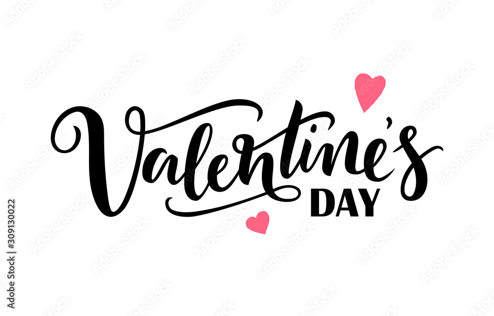 Hand drawn black lettering Valentines Day and pink hearts on white background. Vector illustration for design of card, banner, logo, flayer, label, icon, badge, sticker
