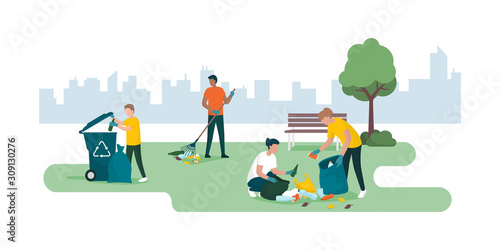 People cleaning a city park together and collecting waste