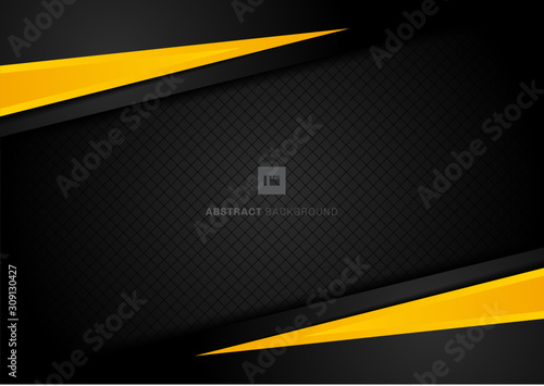 Abstract template yellow geometric triangles contrast black background.