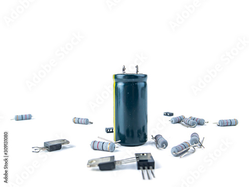 Electronic parts on a white background with place for text. photo