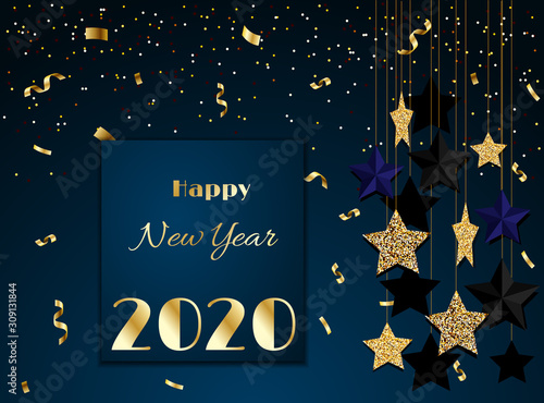 Realistic golden numbers 2020, New Year holiday style design for calendar, invitation, greeting card, etc. Festive 3d figures with shining stars, isolated on dark blue background. Vector illustration