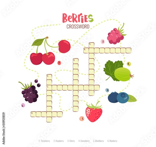 Cartoon crossword in English with berries. Education game for children.