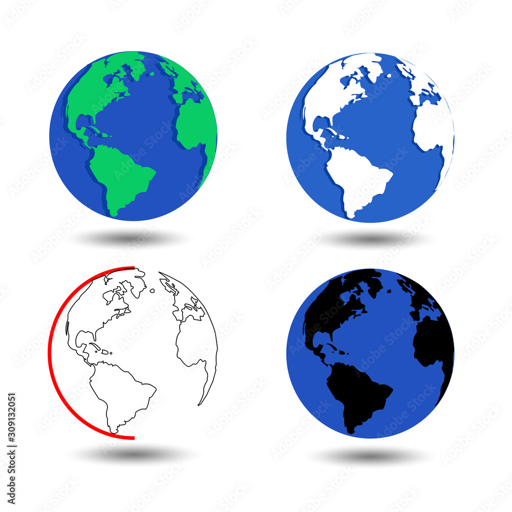 Set of Earth globe icons isolated on light grey background