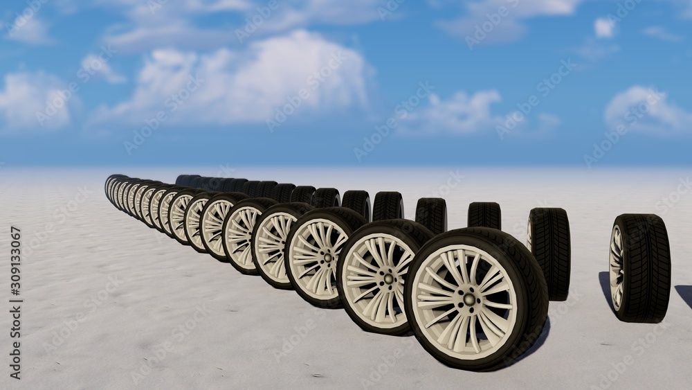 Car Wheels in Snow, Winter, 3D Rendering Car Wheels in Snow, Winter, 3D Rendering