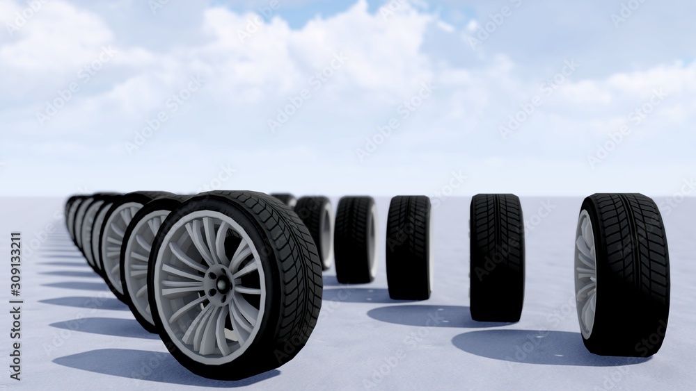 Car Wheels in Snow, Winter, 3D Rendering Car Wheels in Snow, Winter, 3D Rendering