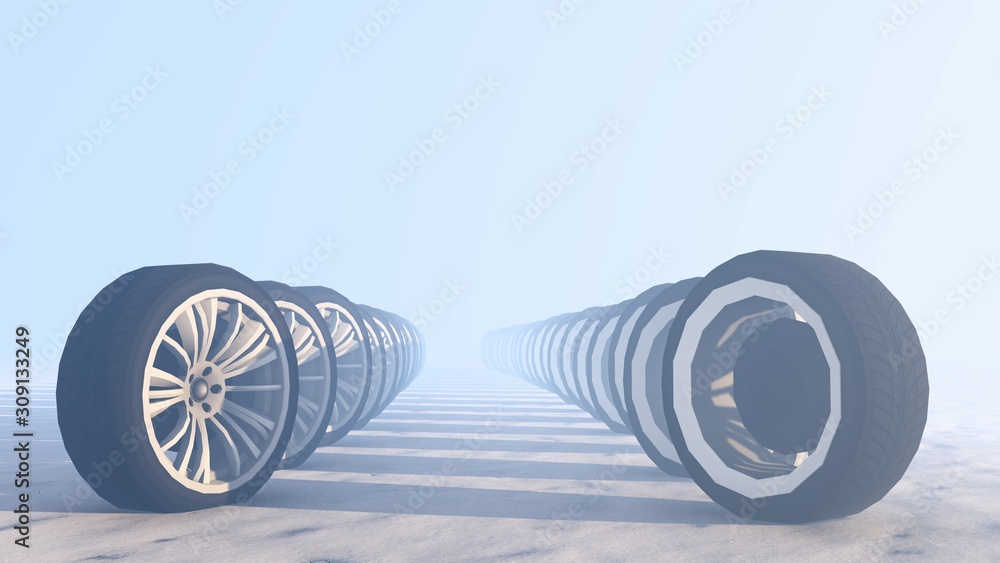 Car Wheels in Snow, Winter, 3D Rendering Car Wheels in Snow, Winter, 3D Rendering