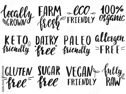 Set of dietary food labels written by hand.