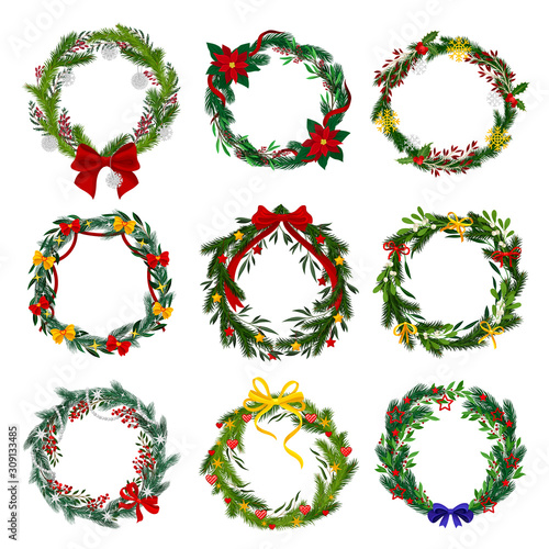 Christmas Wreath Vector Set. Colorful Holiday Decorative Fir Tree Branches Arranged in a Circle