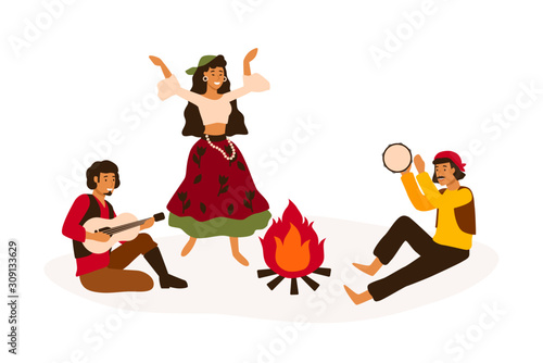 Travelers traditional entertainment flat vector illustration