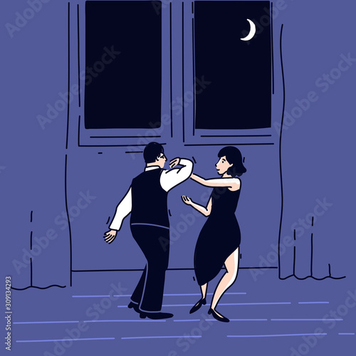 Couple dance, man and woman dancing together in purple ballroom at night. Date scene, romantic vector illustration. Moon in the window.
