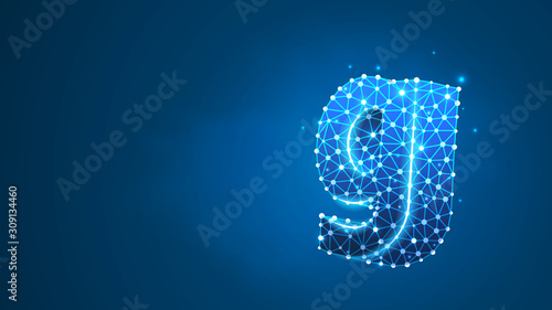 Alphabet letter G. Design of a lowercase letter. Banner, template or a pattern. Abstract digital wireframe, low poly mesh, vector blue neon 3d illustration. Triangle, line dot