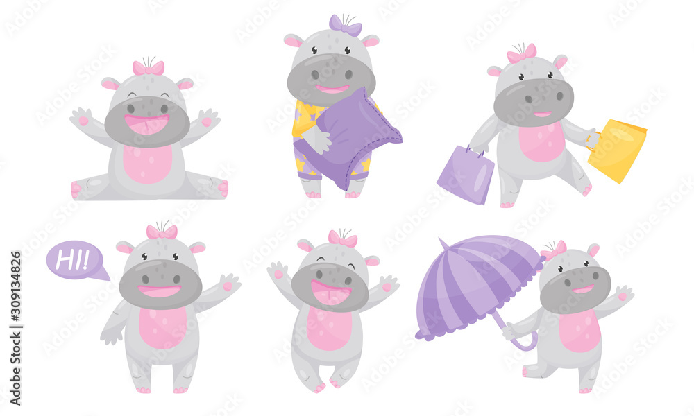 Cartoon Hippo Girl Character Holding Umbrella and Greeting Vector Set