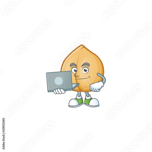 Happy smiling chickpeas cartoon character working with laptop