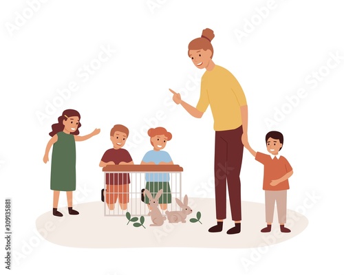 Kindergarten teacher with preschoolers group flat vector illustration. Pet care lesson, play with rabbits. Woman with preschool kids, smiling kindergartener and children cartoon characters.