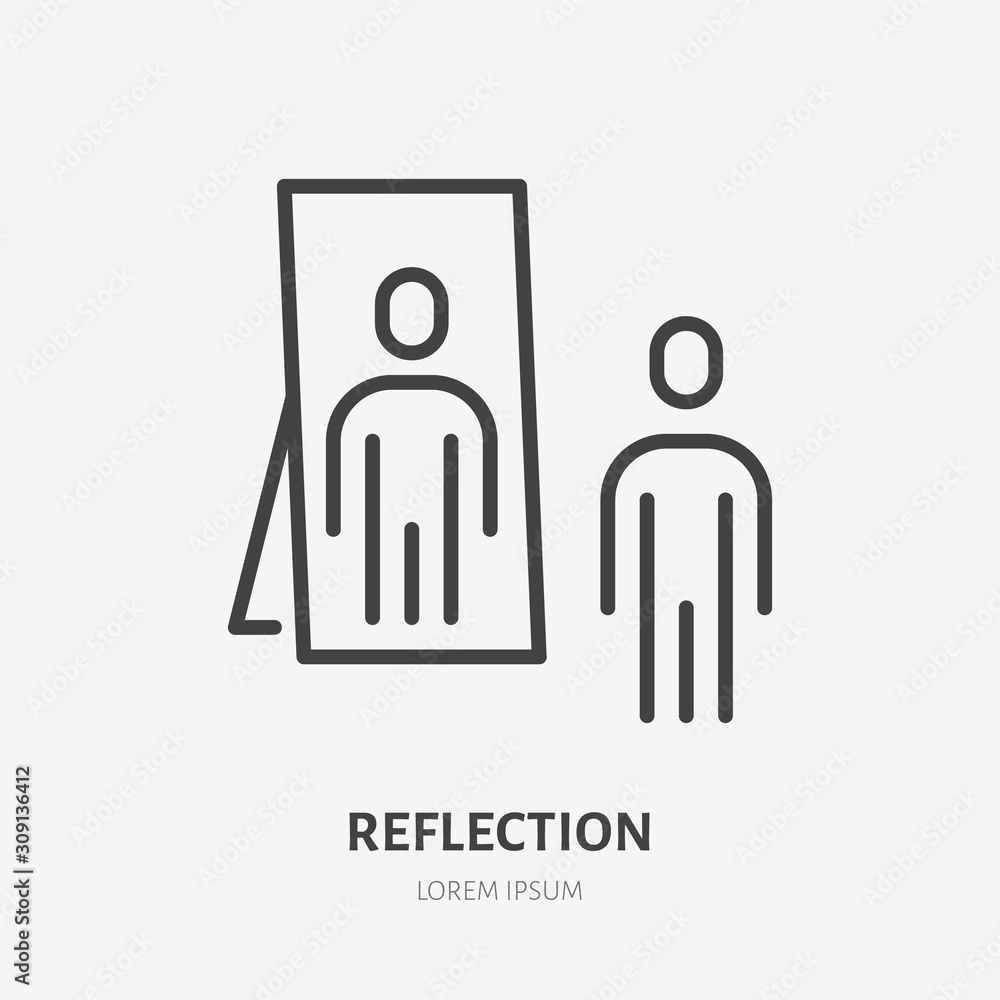 Person reflection in a mirror line icon, vector pictogram of confidence. Man looking at himself illustration, narcissism sign Person reflection in a mirror line icon, vector pictogram of confidence. Man looking at himself illustration, narcissism sign