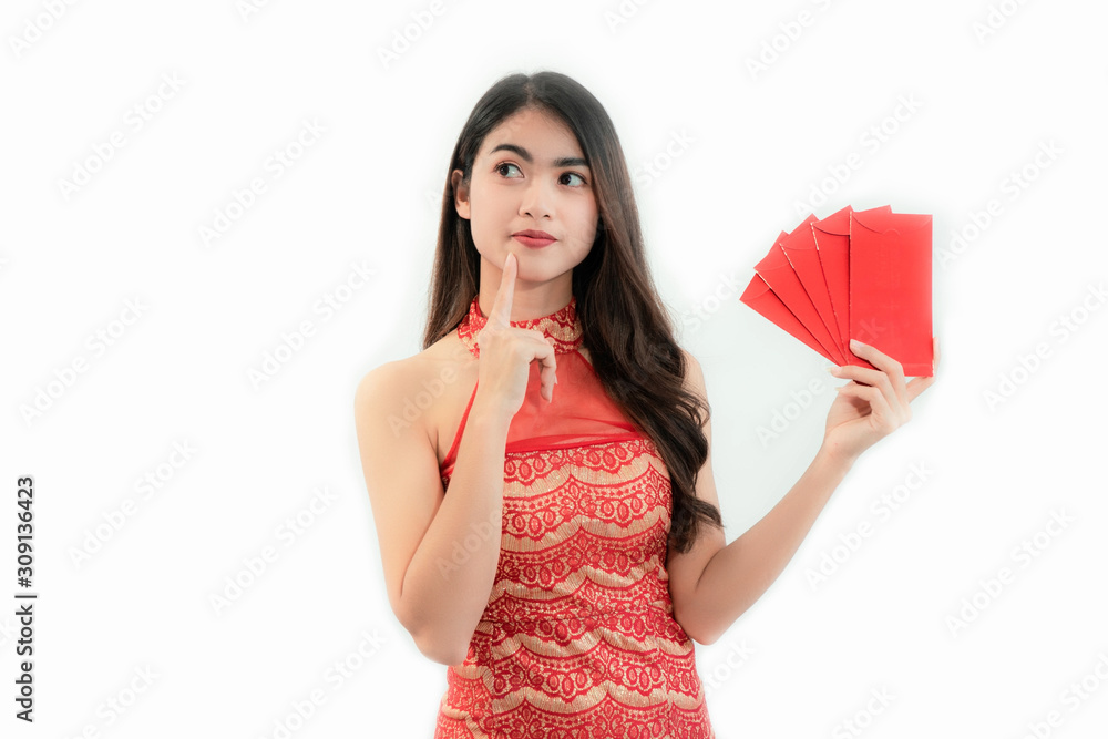 Asian woman holding red envelopes Ang Pao Chinese Happy new year Asian woman holding red envelopes Ang Pao Chinese Happy new year