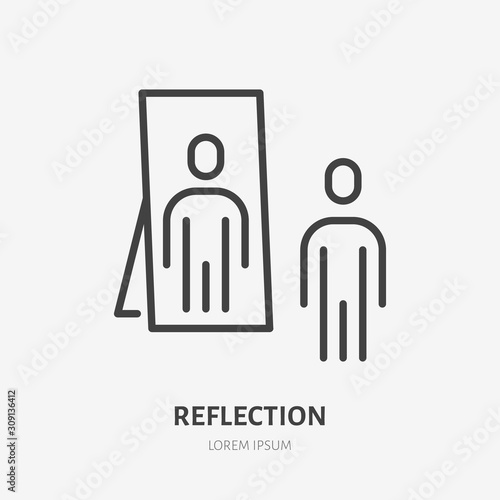 Person reflection in a mirror line icon, vector pictogram of confidence. Man looking at himself illustration, narcissism sign