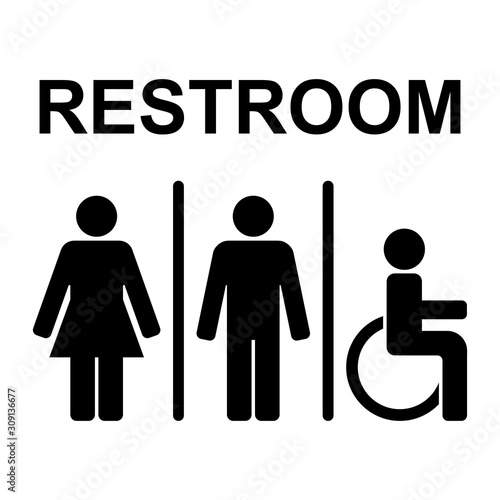 Symbols of man, woman, disabled person, inscription RESTROOM. Abstract concept, icon set. Vector illustration.