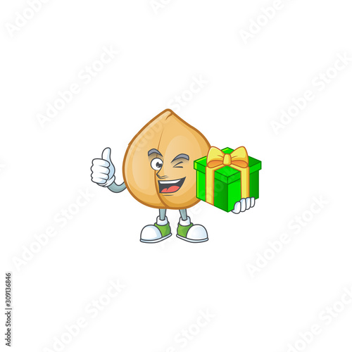 cartoon character of happy chickpeas with gift box