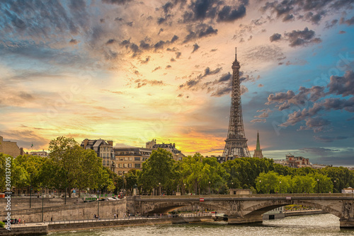 Paris Gorgeous Sunset with Eiffel Tower in Background © ahriam12