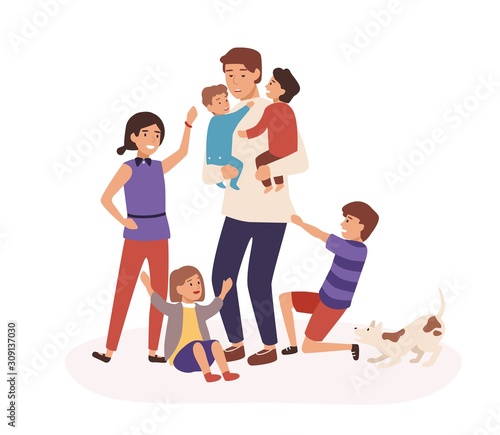 Tired father having many children flat vector illustration. Daddy sitting at home with babies. Tiredness, weariness, burnout concept. Overexhausted man and indulging kids cartoon characters.