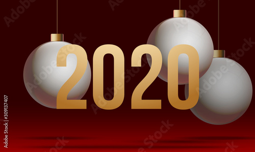 Happy 2020 New year holiday card with white christmas balls and decorations and gold greeting lettering isolated on red background. Merry Xmas banner in modern minimalistic design style with flat text