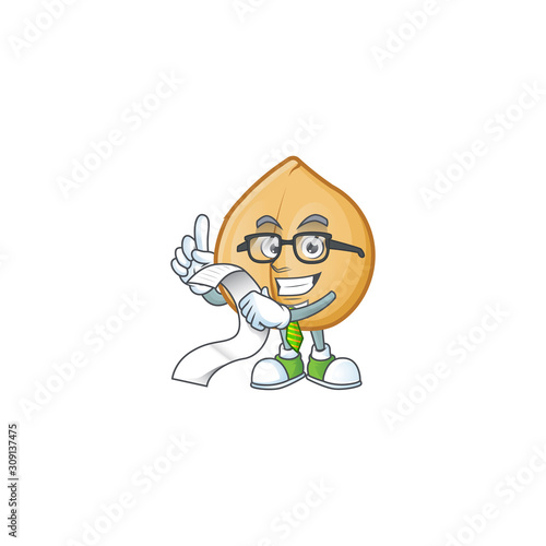 Cute chickpeas cartoon character with menu ready to serve