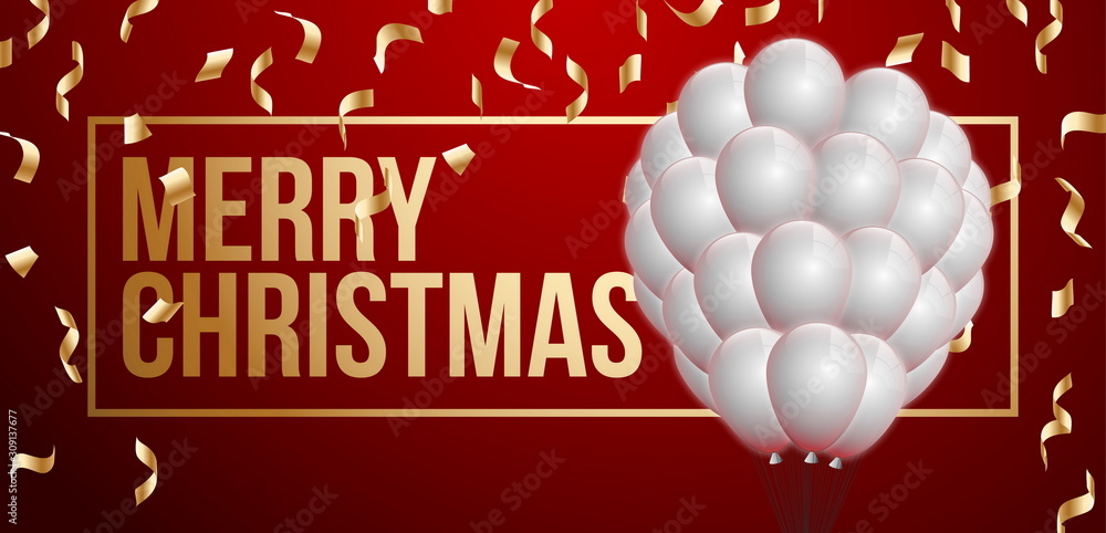 Obraz premium Happy 2020 New year holiday card with gold christmas balls and decorations and gold greeting lettering isolated on white background. Merry Xmas banner 