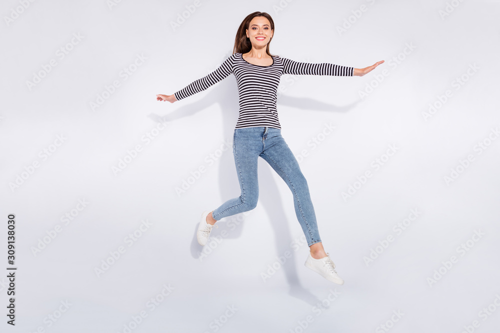 Full length body size view of her she nice-looking attractive charming cheerful cheery straight-haired girl having fun free time weekend vacation fantasy isolated over white light background